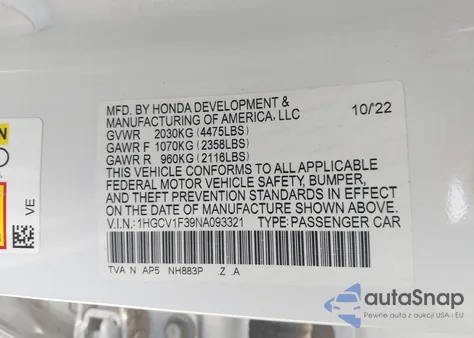 2022 Honda Accord Sport из США, поврежденный, VIN 1HGCV1F39NA093321